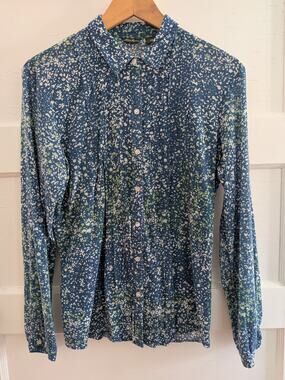 Eddie Bauer Vintage Pintuck Blouse M Crinkle Cotton Teal Floral